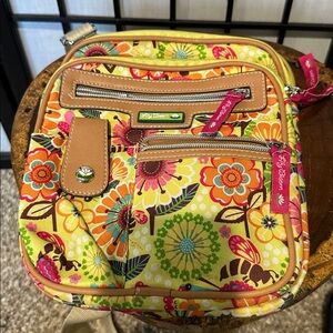 Lily Bloom Multicolor Floral Bees Adj Crossbody Bag Lots Zippered Pockets EUC